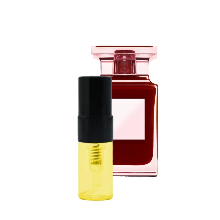 Im Vordergrund ein kleiner, transparenter gelber Sprühflakon mit schwarzem Deckel, dahinter ein roter Parfümflakon.