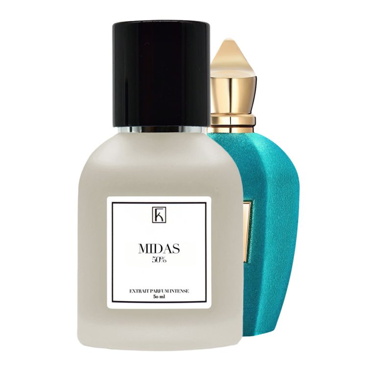 Im Vordergrund steht ein mattes, weißes Parfumfläschchen mit schwarzem Deckel und Etikett „MIDAS 50%“. Dahinter eine blaue, goldverzierte Flasche mit konischem Verschluss. Beide Flakons stehen vor weißem Hintergrund.