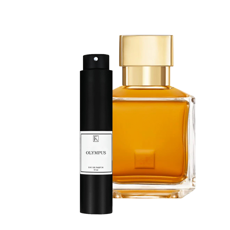 Zwei Parfümflaschen: eine schwarze, zylindrische Sprühflasche mit „Olympus 10ml“-Label, daneben eine goldene Glasflasche.