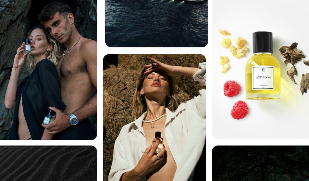 eine Frau und ein Mann halten eine Flasche Parfum in der hand